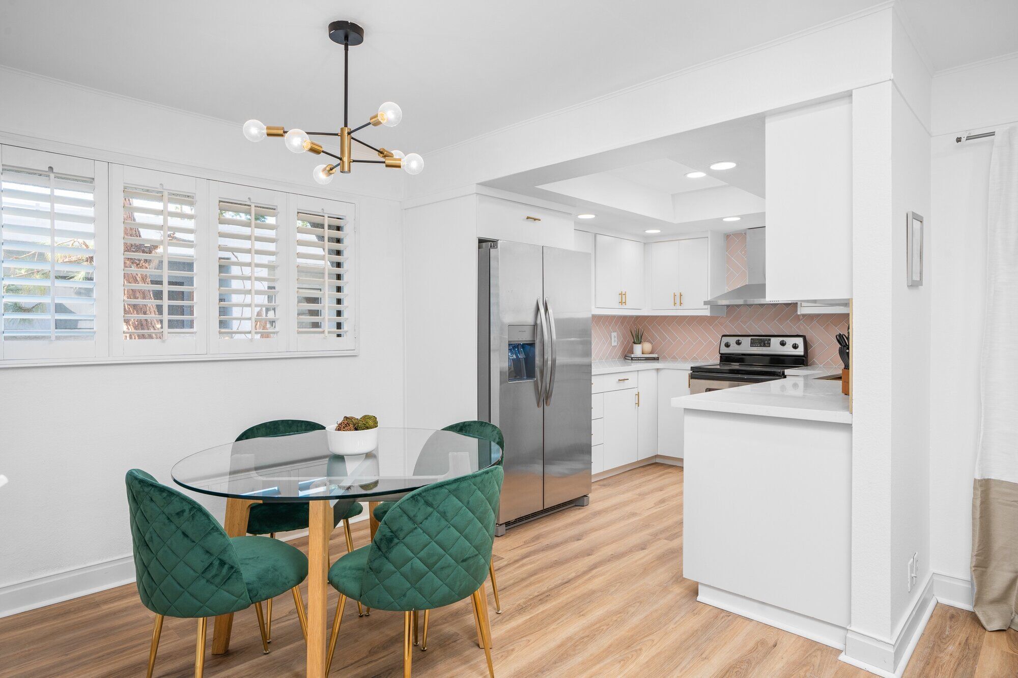 Master bedroom with king bed and mid-century decor